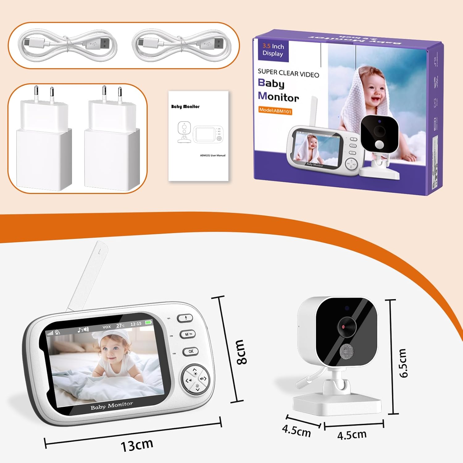 NWOUIIAY ABM101 Baby Monitor package contents including camera, monitor, USB cables, chargers, and manual.