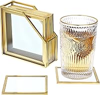 Vista 9 de JUXYES Juego de 8 posavasos redondos de vidrio con soporte, posavasos de latón dorado para bebidas, juego de posavasos de vidrio para tazas, juego