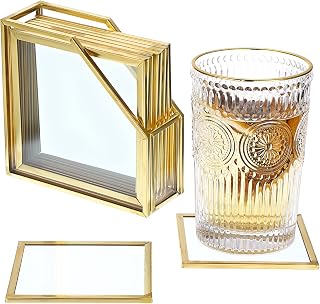 JuxYes Set of 7 Glass Coasters with Holder, Gold Elegant Cup Coasters for Coffee, Tea, Wine - Square Brass Edge Glass Mats for Coffee Table