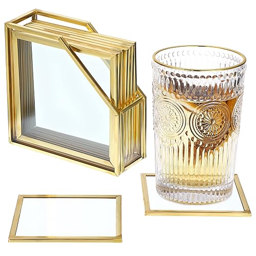 JuxYes Set of 7 Glass Coasters with Holder, Gold Elegant Cup Coasters for Coffee, Tea, Wine - Square Brass Edge Glass Mats for Coffee Table