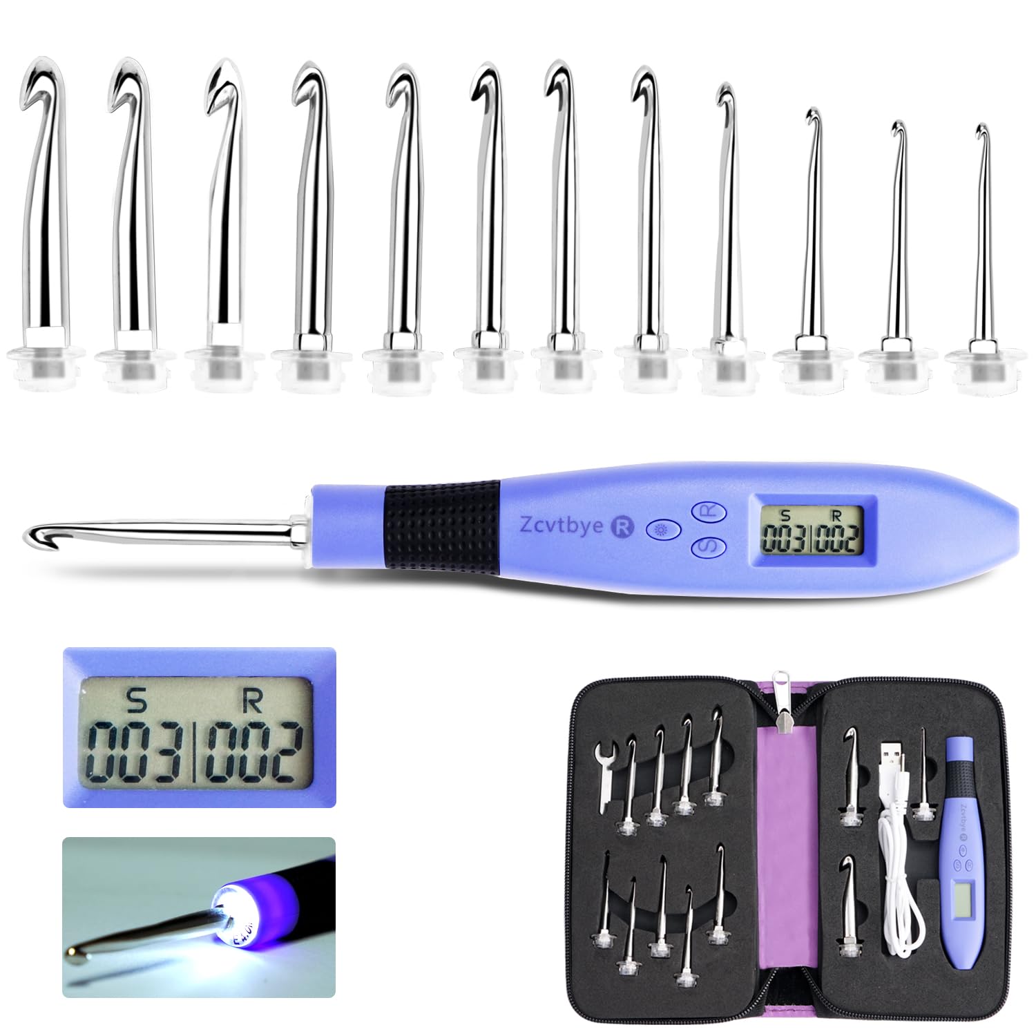 Transplant Counting Crochet Hook Set Digital, Crochet Kit with 12 Interchangeable Aluminum Heads, Ergonomic Purple Leather Handle, LED Glowing, Stitch Counter for Crocheting and Knitting 12 Crochet Hooks
