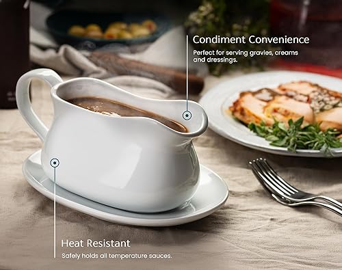 Miniatura 4 de Kook Salsa y platillo, 17 onzas, plato de cerámica para servir, dispensador con bandeja para salsas, aderezos y crema, mango grande, apto