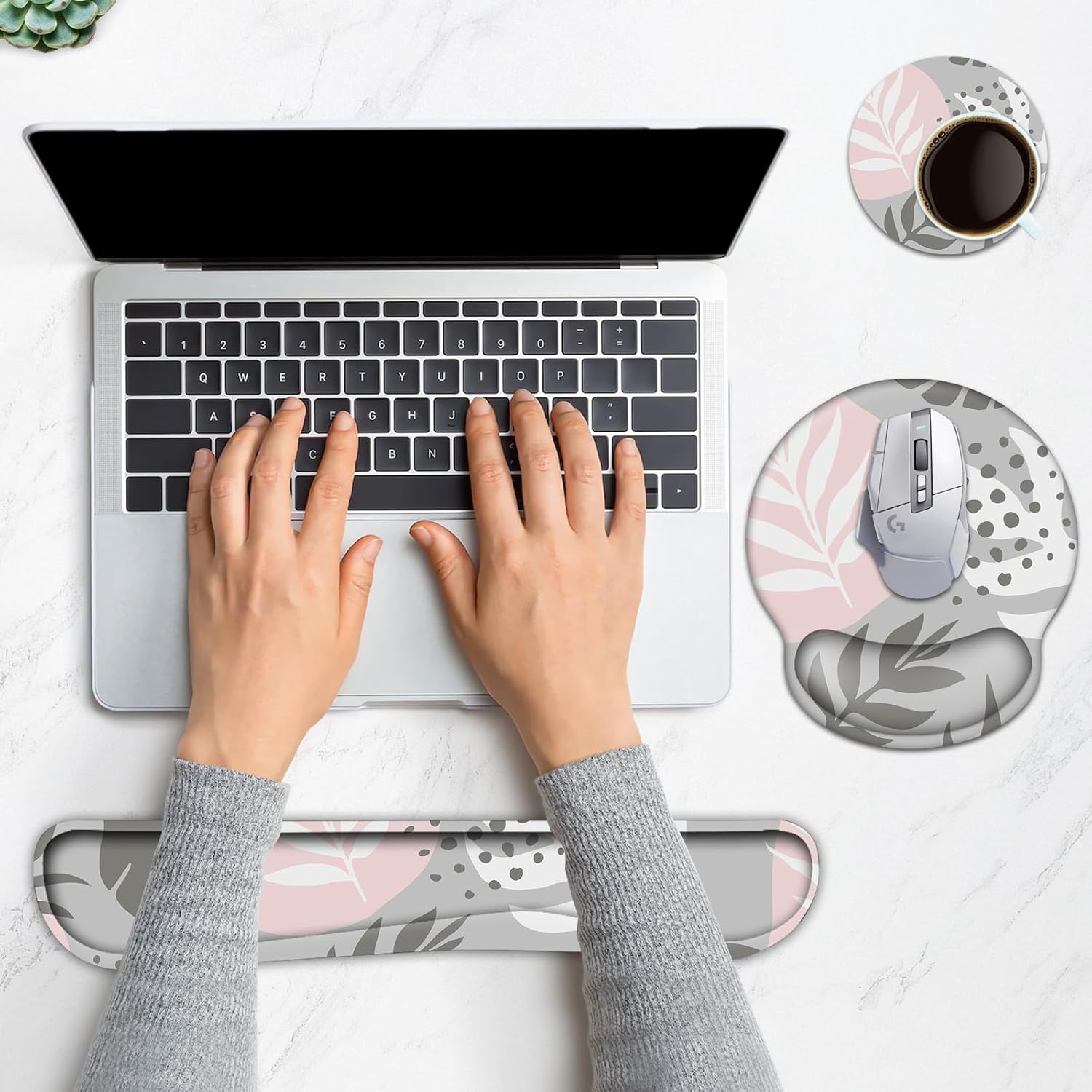 Keyboard Wrist Rest, Ergonomic Mouse Pad Wrist Support, Memory Foam Wrist Rest, Anti-Slip Base, Mousepad with Coaster for Computer Keyboard Office Home, Tropical Leaves - Image 2