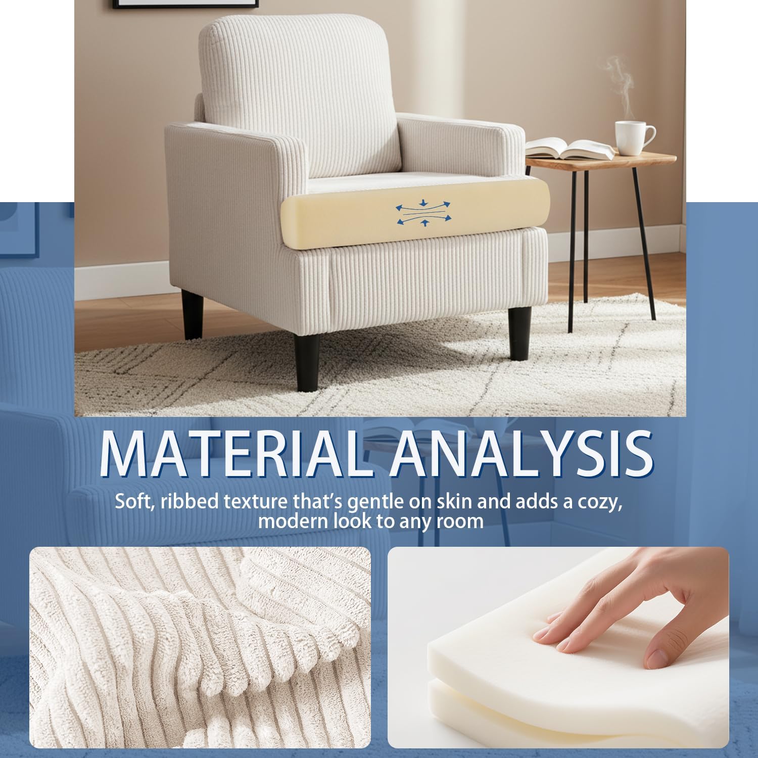 Modern Accent Chair Cozy Living Room Chairs Mid Century Modern Accent Chairs Reading Chair with Armrests for Living Room, Bedroom and Study（Beige）