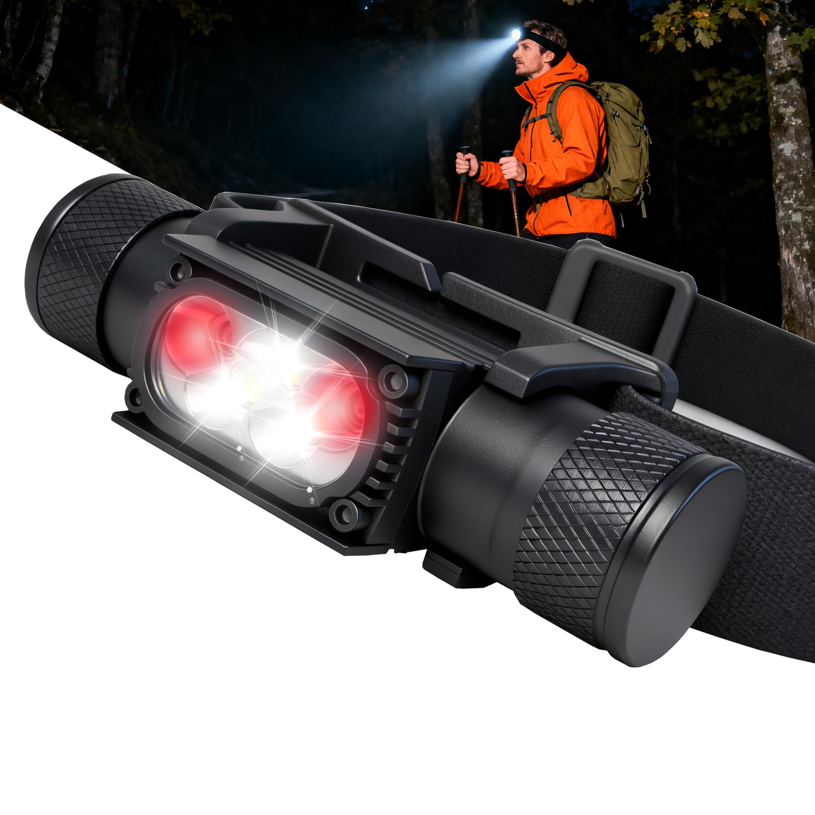 Lampe frontale LED rechargeable – 1600 lumens super lumineuse rechargeable par USB – Lampe frontale étanche IP65 avec 6 modes pour randonnée, camping, pêche (H35pro-Blanc et rouge)