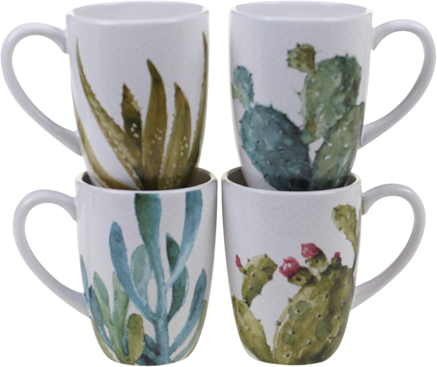 Cactus Verde 22 oz. Large Ceramic Mugs, Set of 4 – Hand-Painted Watercolor Cactus Designs – Assorted Coffee Cups for Plant Lovers – Microwave & Dishwasher Safe Everyday Use