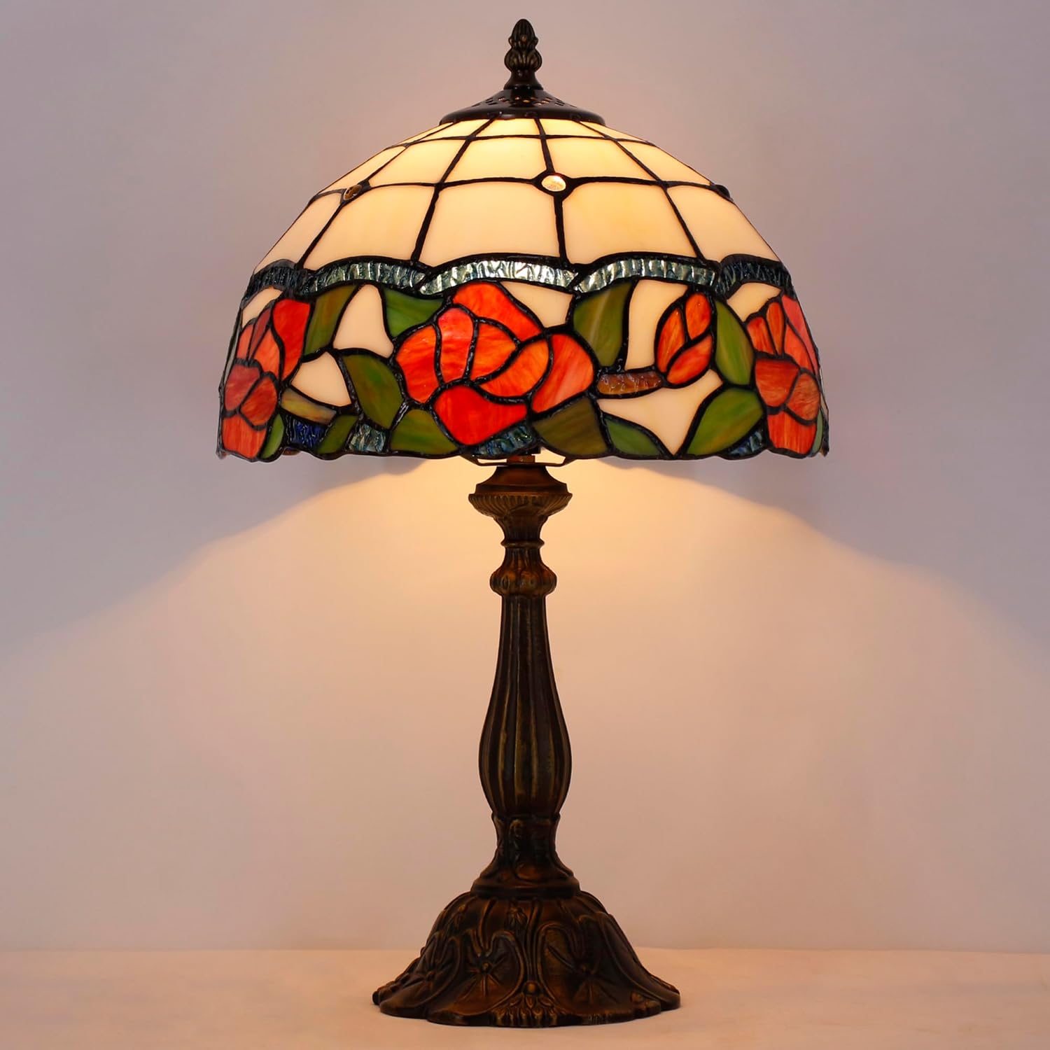 Tiffany Lamp Touch Control Table Lamp Red Rose Flower Style Stained Glass Desk Lamp 12X12X19 Inches Reading Light