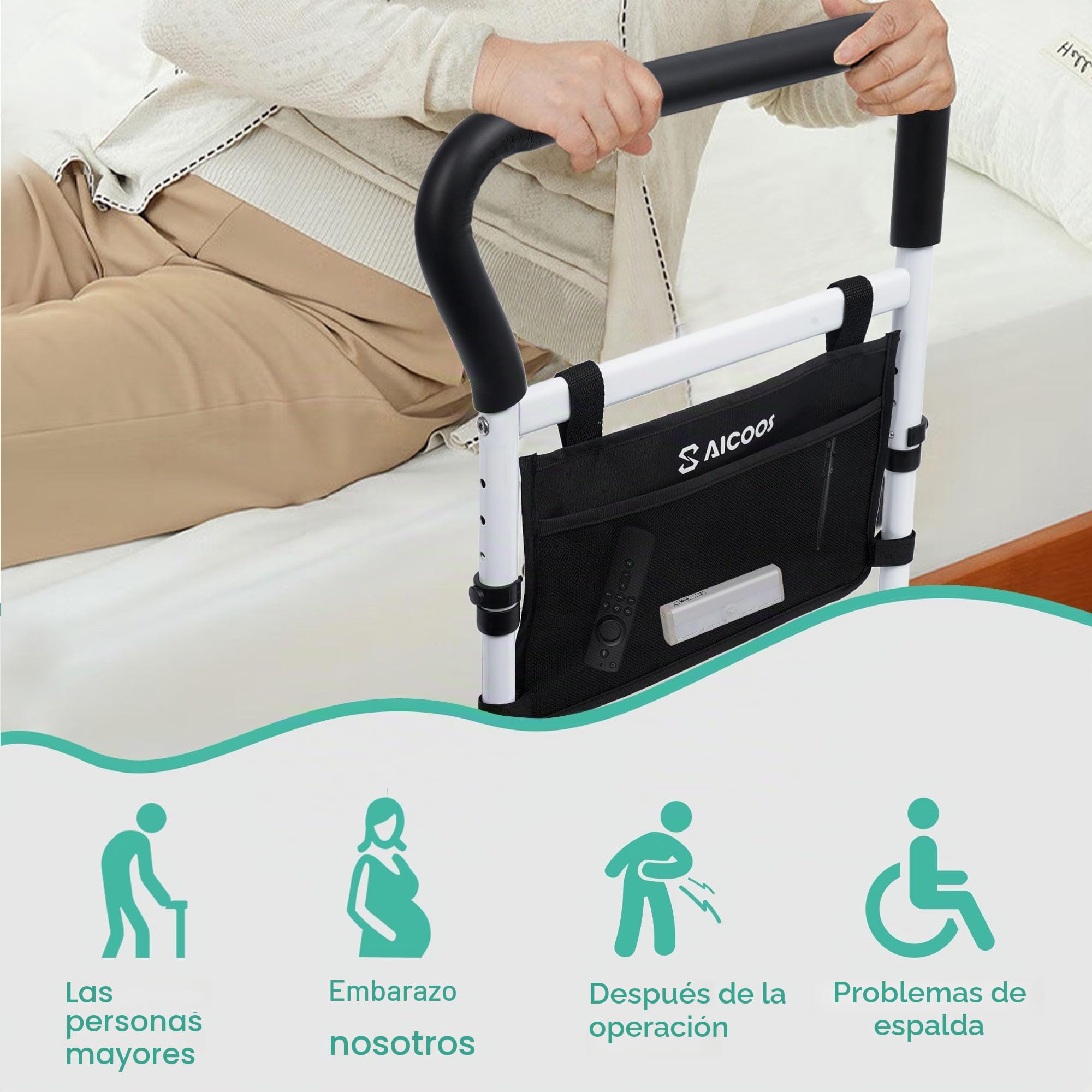 Cama de gran tamaño para personas mayores, con asa, ayuda para levantarse, barandilla de cama para personas mayores, altura ajustable, incluye accesorios para la prevención de caídas por la noche y