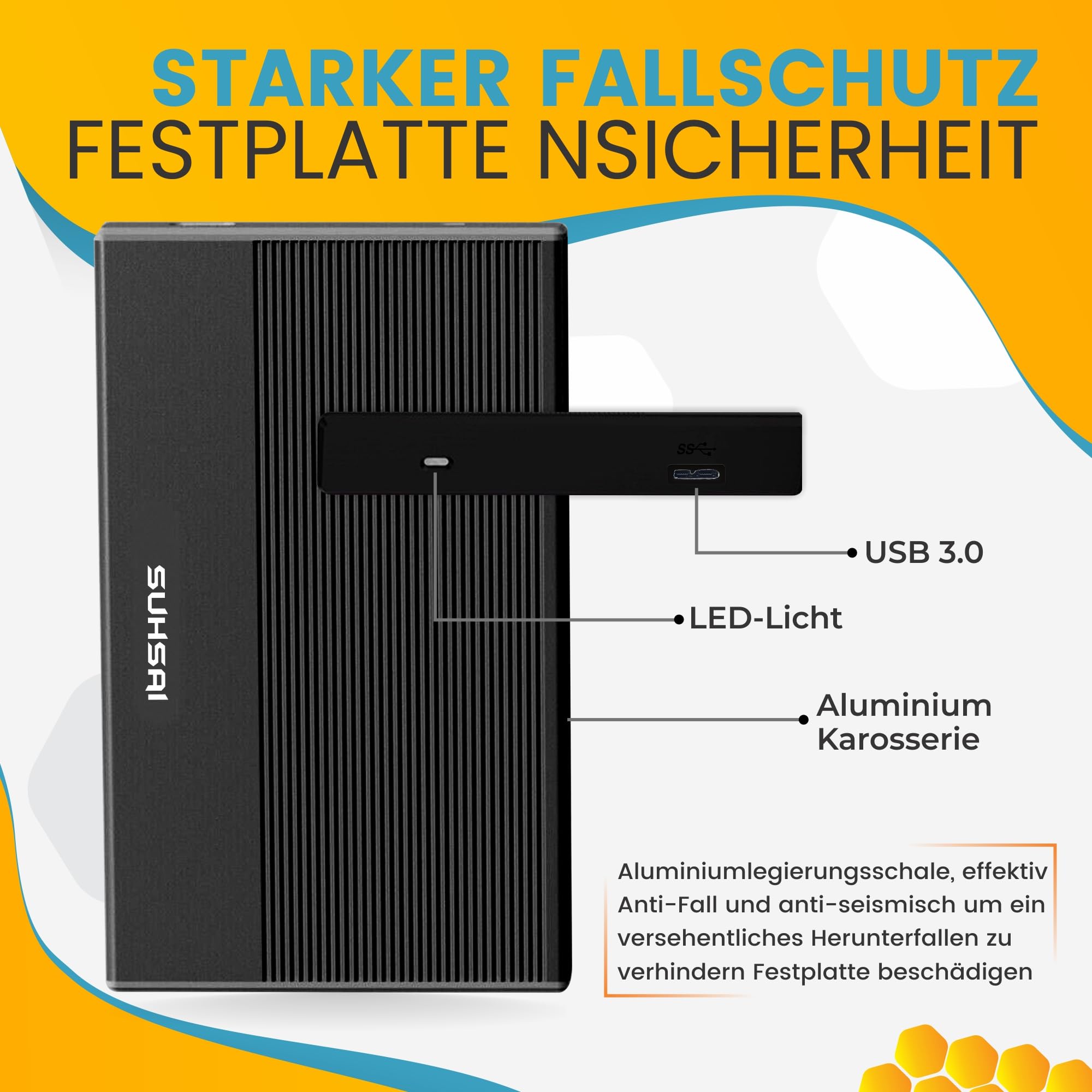 SUHSAI Externe Festplatte, 1 TB, Externe Festplatte, Backup-Laufwerk, USB 3.0, Hochgeschwindigkeits-Datenübertragungsfestplatte, kompatibel mit Mac, Laptop, Desktop-Spielekonsole (schwarz)