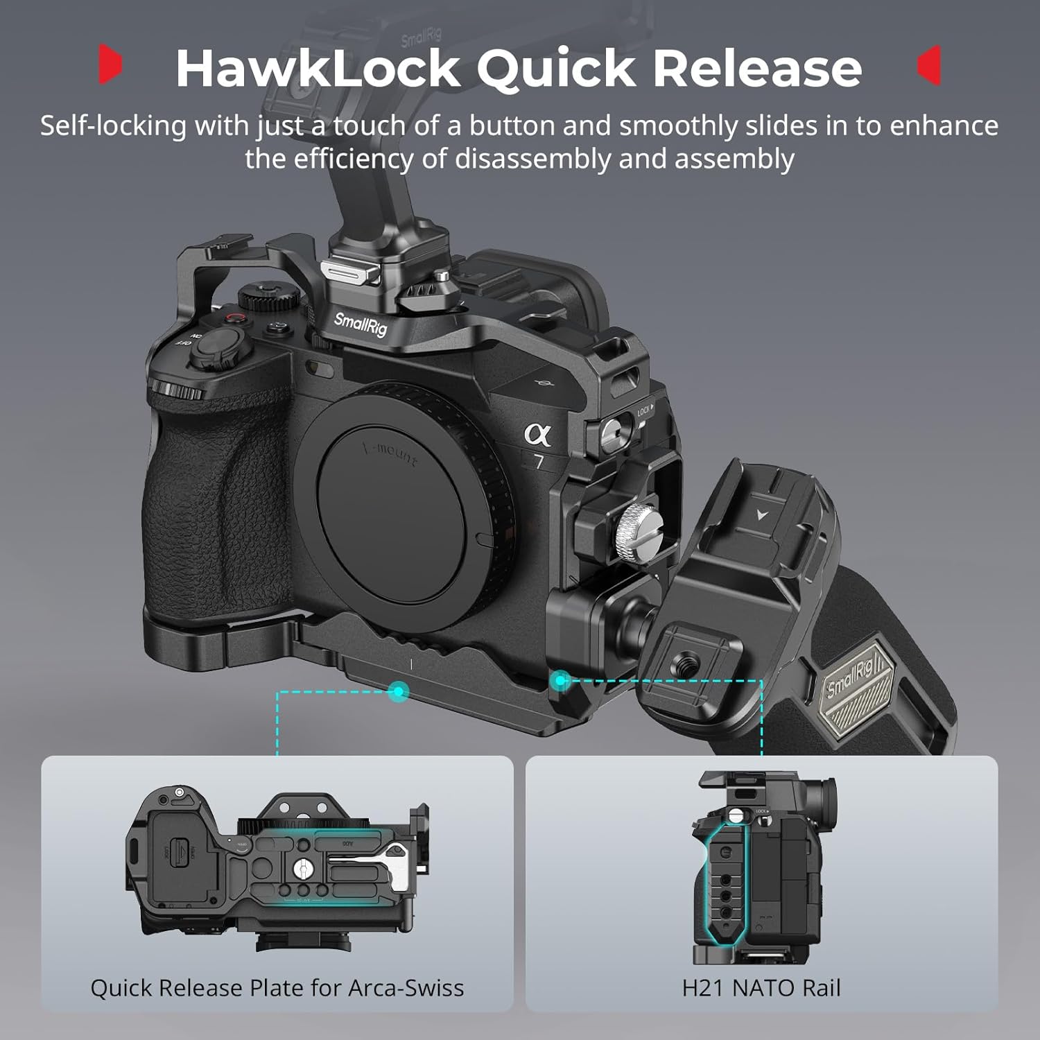 SmallRig HawkLock Quick Release Cage Kit for Sony Alpha 7 V / 7R V / A7 IV / A7S III, with Top Handle/Side Handle/Cable Clamp for HDMI - Image 6