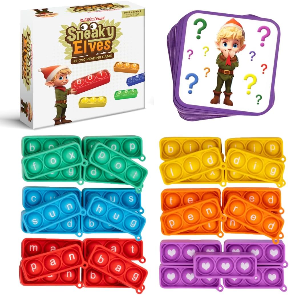 Sneaky Elves, CVC Sight Words Game, Pop Sensory Toy to Learn and Spell, Educational Kindergarten Classroom Activities, Multisensory Reading and Phonics Flash Cards for Kids 3+ Years