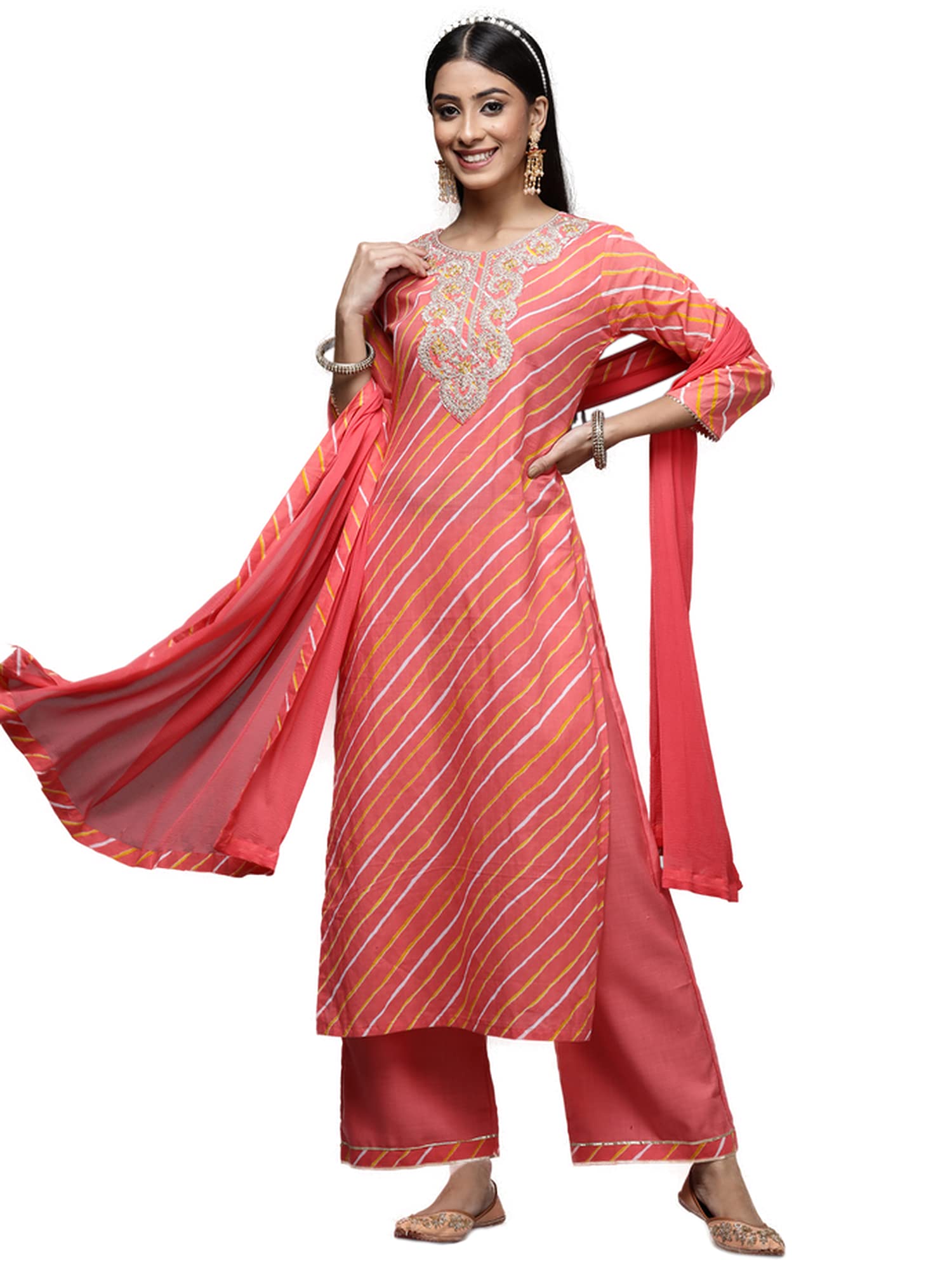 Women's Pure Cotton Printed Straight Kurta Palazzo Dupatta Sets (KH0PK4757)