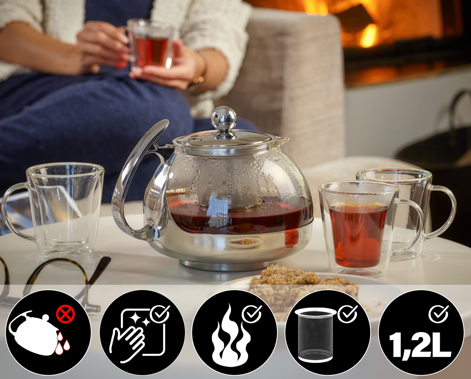 Monzana Teiera in Vetro con Infusore Rimovibile 1,2L Acciaio Inox Resistente al Calore The Tisane