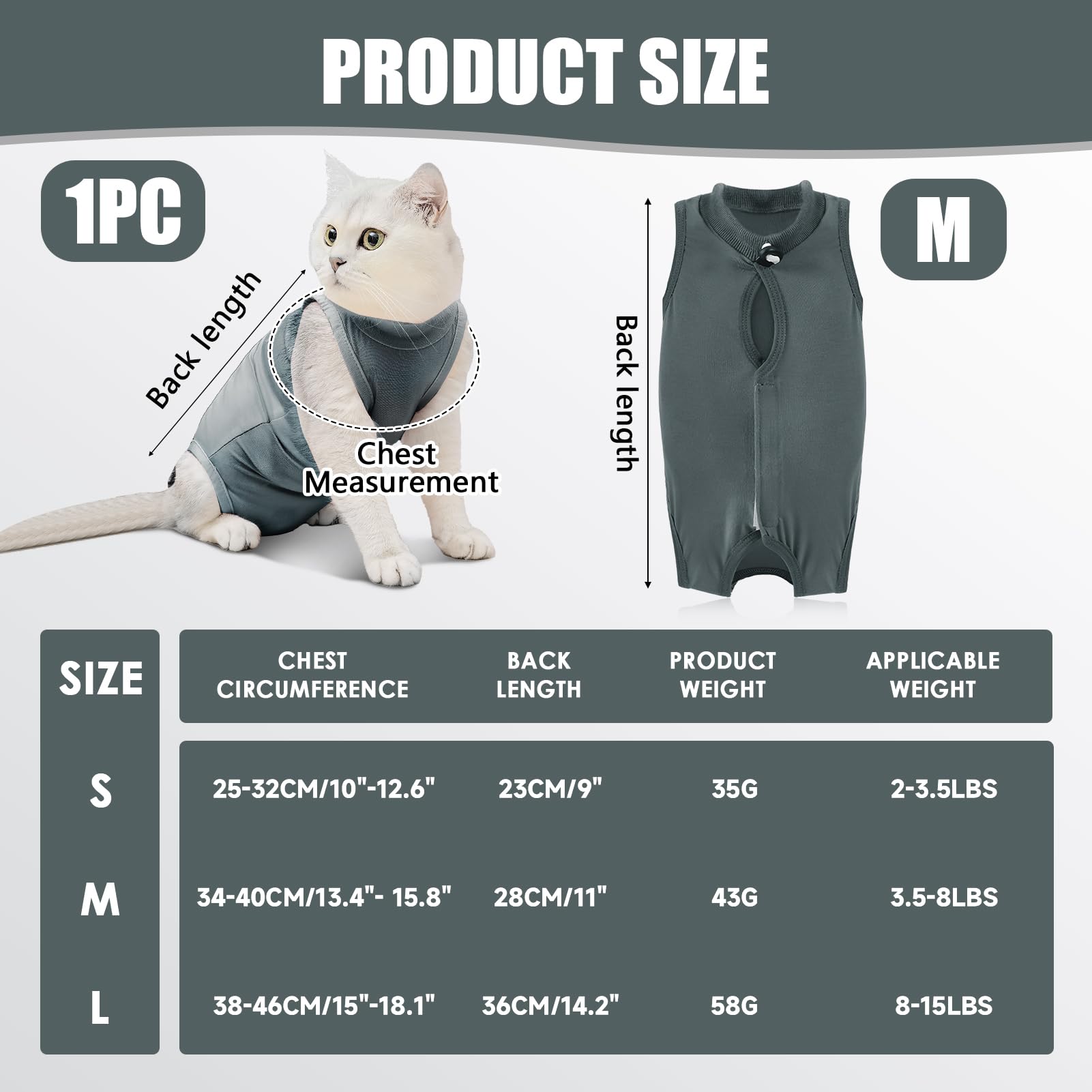 Plimbin Cat Recovery Suit Post Surgery Bodysuit for Cats Anti-Lick Pet Vest for Kitten Spaying Professional Recovery Suit for Abdominal Wounds or Skin Diseases (Grey - Image 2