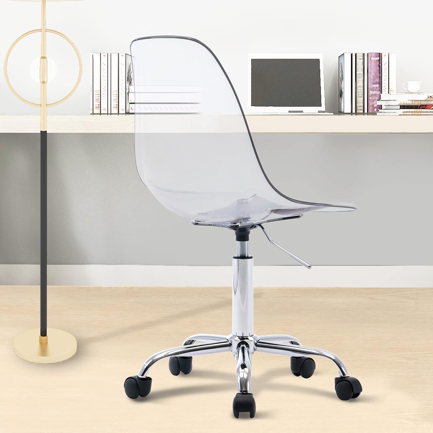 HOMEFUN Clear Desk Chair, Acrylic Rolling Armless Vanity Swivel Height Adjustable Ghost Molded Plastic Home Office Chairs with Wheels, Clear