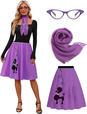 APRROOT Womens 50s Poodle Skirts Outfits Adult Halloween Costumes with Scarf Glasses Vintage Skirts 3 Pcs Set