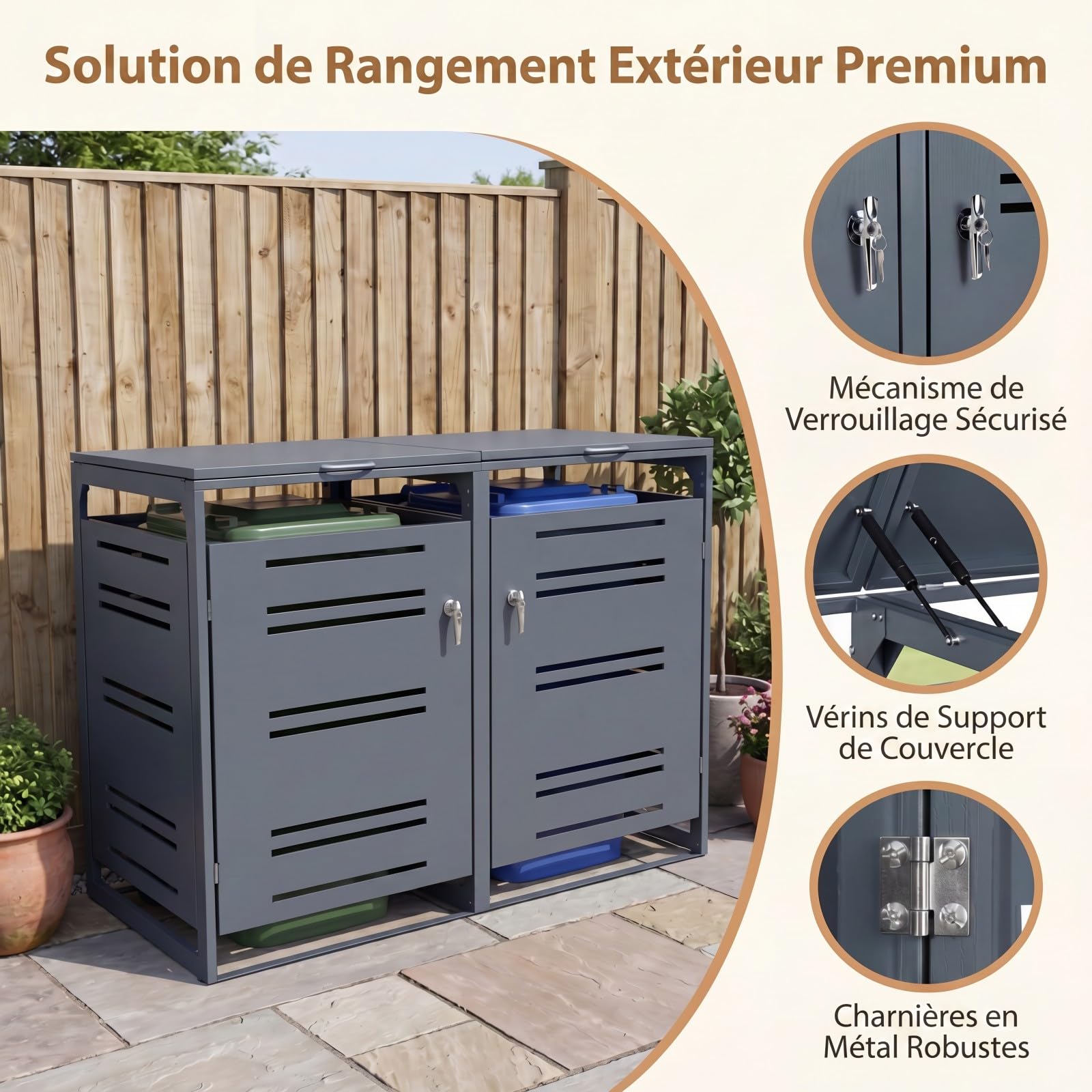 GYMAX Cache Poubelle Extérieur en Métal, Abri Double pour 2 Poubelles de 240 L, Porte Verrouillable, Couvercle Ouvrable, 132 x 80 x 117 cm, pour Jardin, Pelouse, Terrasse (Gris)