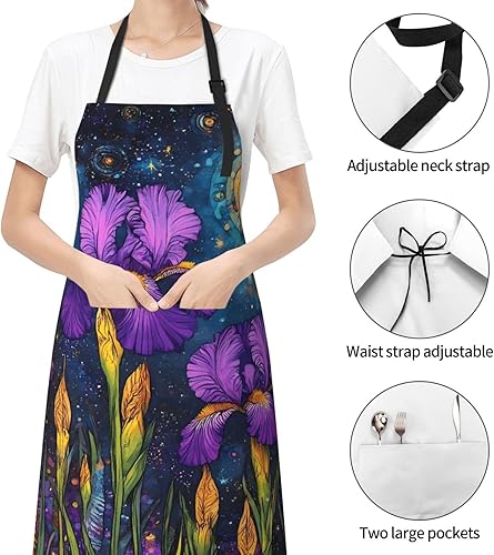 Miniatura 6 de Cosmic Purple Irises Print Kitchen Cooking Apron, Adjustable Waterproof Apron With Pockets, Unisex