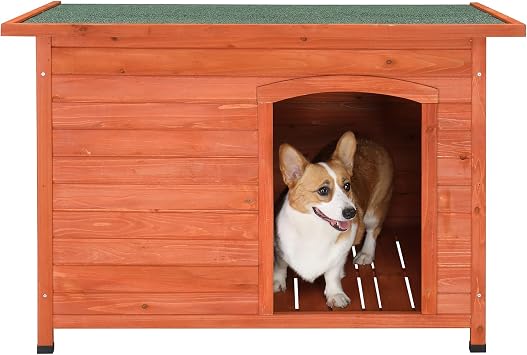 Outvita Outdoor Dog House, Large Wooden Dog Houses with Hinged Roof, Weatherproof Finish & Elevated Floor for Small Medium Sized Dogs Outdoor & Indoor Use, Natural