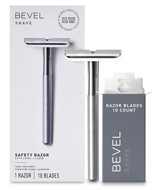 Bevel Safety Razor with Brass Weighted Handle and 10 Double Edge Safety Blade Refills Single Blade Razor for
