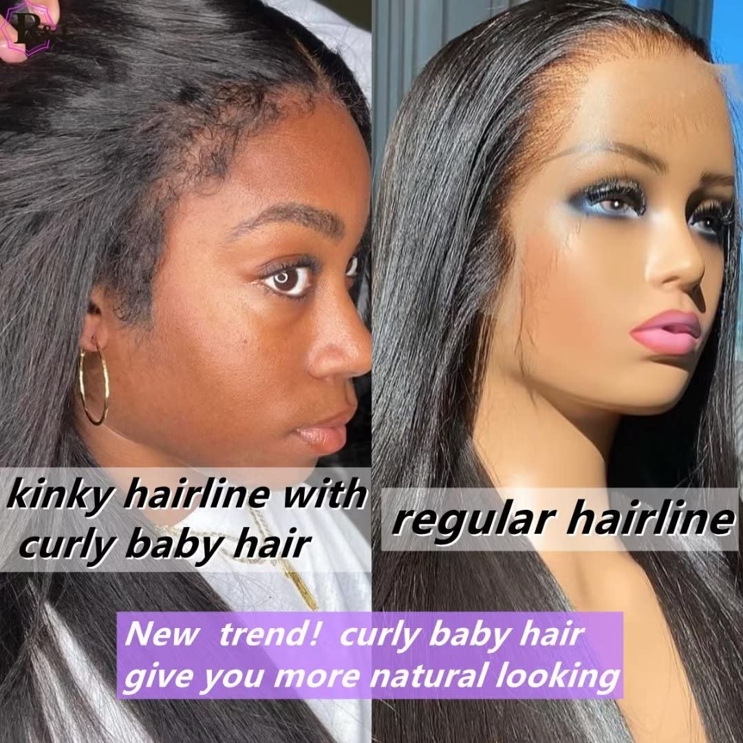 4C Kinky Edges Straight 13x6 HD Lace Front Human Hair Wigs With Curly Baby Hair Most Natural Hairline For Woman 150% Density Preplucked Full End Silky Straight Wigs Brazilian Hair Glueless Wig