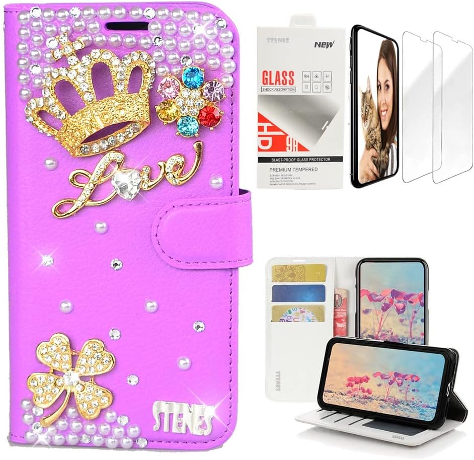 STENES Bling Wallet Phone Case Compatible with Samsung Galaxy S21 Ultra - Stylish - 3D Handmade Clover Crown Flowers Design Leather Cover with Screen Protector [2 Pack] - Purple