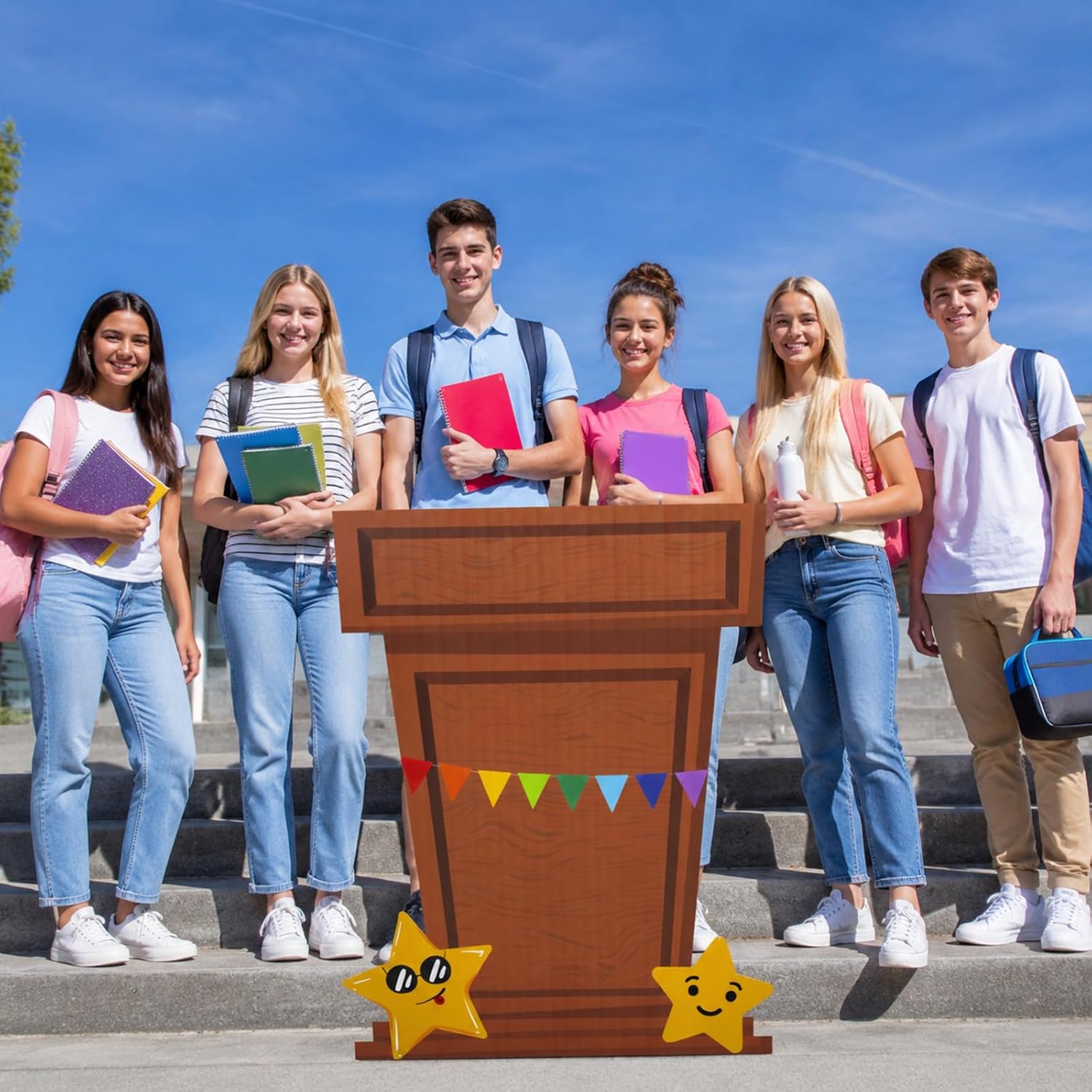 Thyle 4 Feet Podium Cardboard Stand-up Cutout Life-Size Back to School Party Decoration Colorful Podium with Star Backdrop Photo Props Standup for School Classroom Activities Supplies