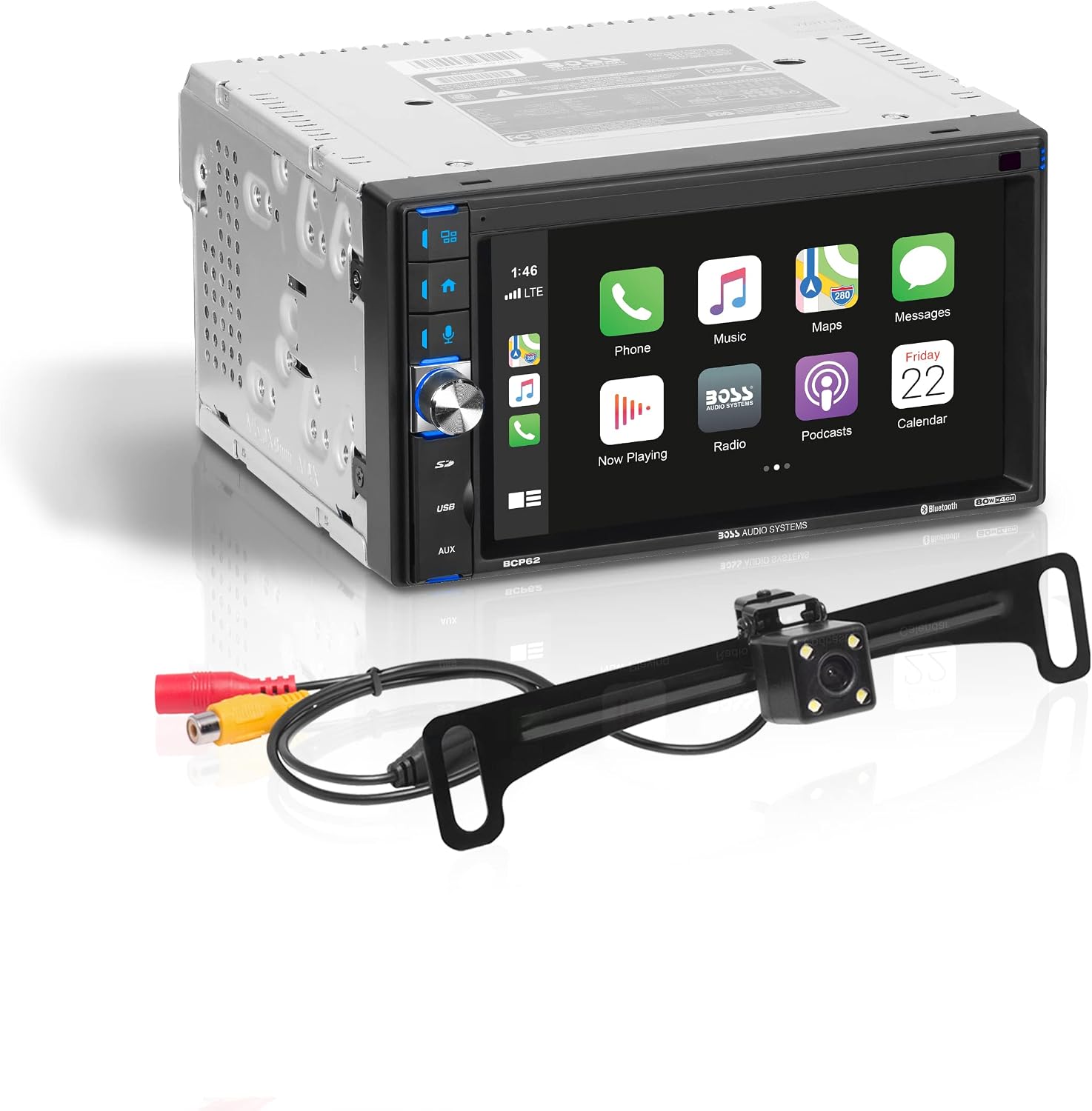BOSS Audio Systems BCP62-RC Apple CarPlay Car Multimedia Player - Double Din, 6.2 Inch Capacitive Touchscreen, Bluetooth, USB, No DVD, Multi-Color Illumination, Backup Camera Included