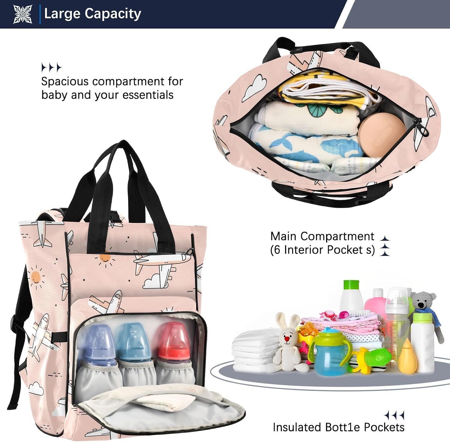 Travel Airplane Cloud Pink Pattern Diaper Bag Backpack for Baby Boys Girls Multifunction Baby Travel Tote with Stroller Straps & Bottle Storage Maternity Travel Bag for Shopping Hiking Moms Dads
