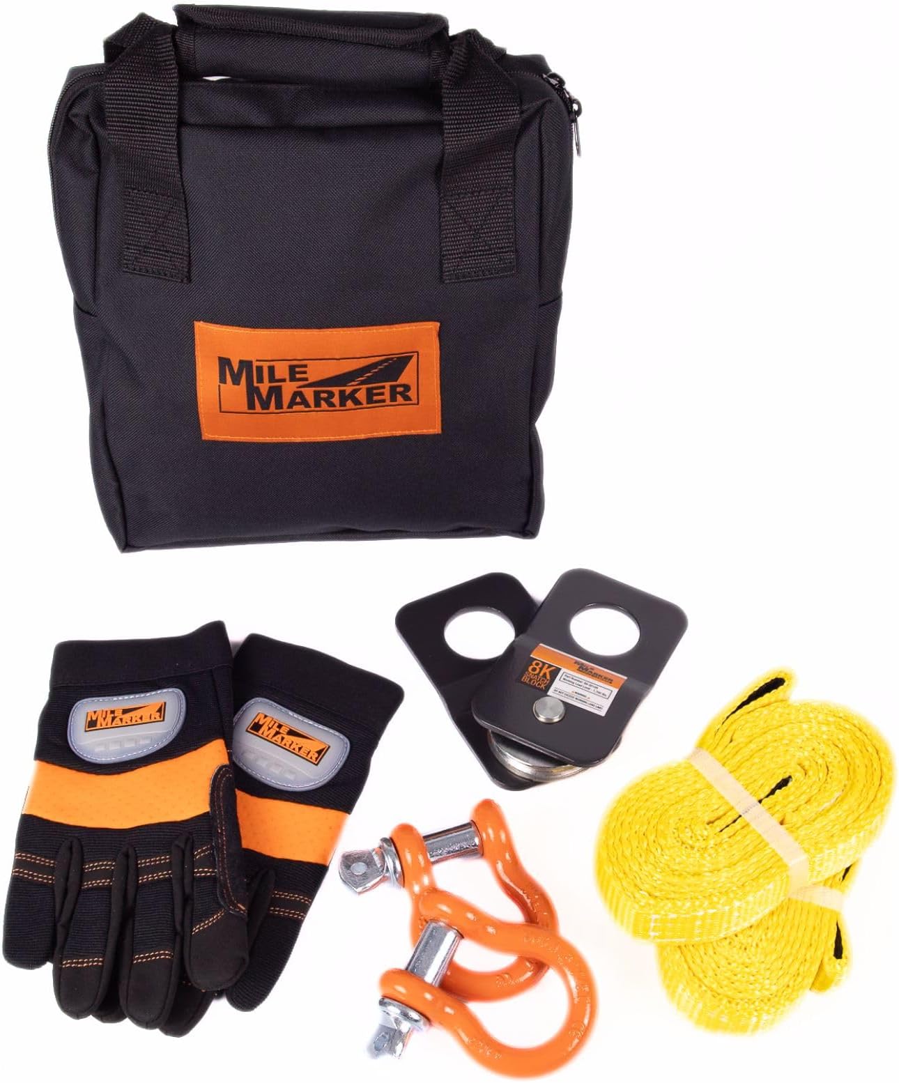Mile Marker 19-00105 ATV UTV Recovery Kit - Includes Carrying Case, 2 8' Recovery Straps, 1 Pair of Gloves, 2 8K Snatch Block & 2 5/8" Powder Coated Shackles