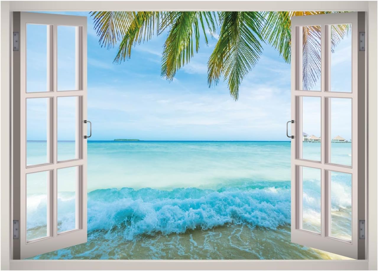 Tropical Caribbean Beach View Window 3D Wall Decal Art Removable Wallpaper Mural Sticker Vinyl Home Decor West Mountain™ W133 (Medium (32''W x 23''H))