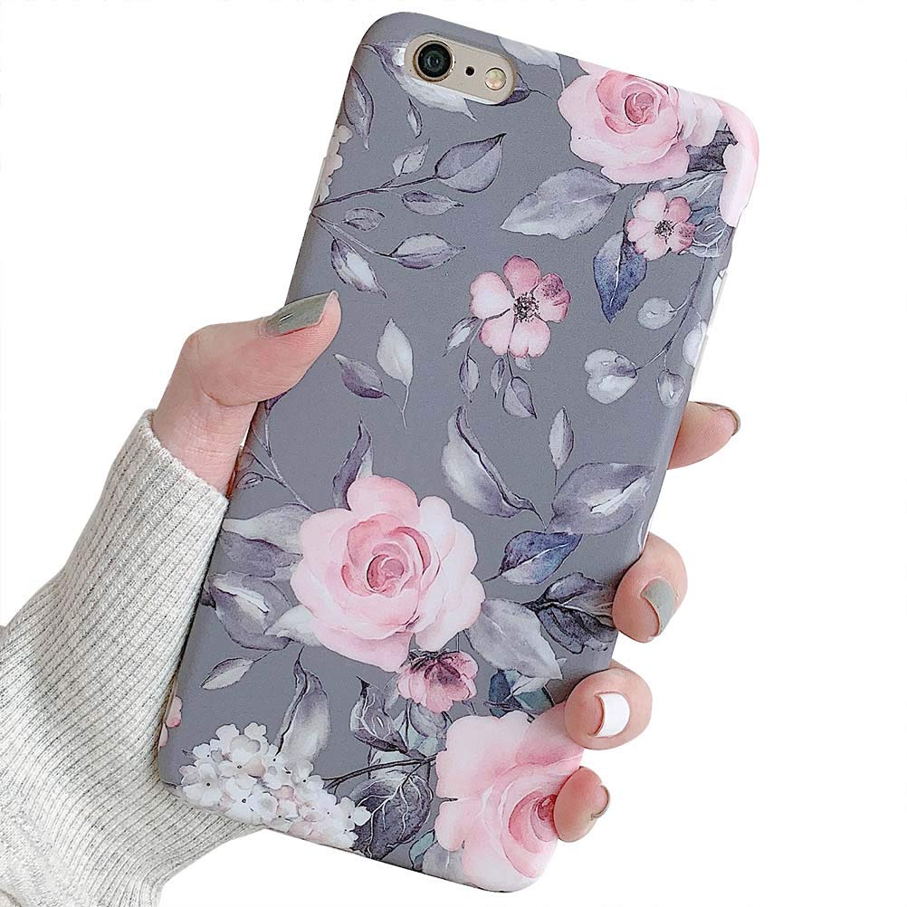 iPhone 6 Plus / 6s Plus Case for Women & Girls, Flexible Soft Slim Fit Full-around Protective Cute Phone Case Cover with Floral and Purple Gray Leaves for iPhone 6Plus / 6sPlus(Pink Flowers)