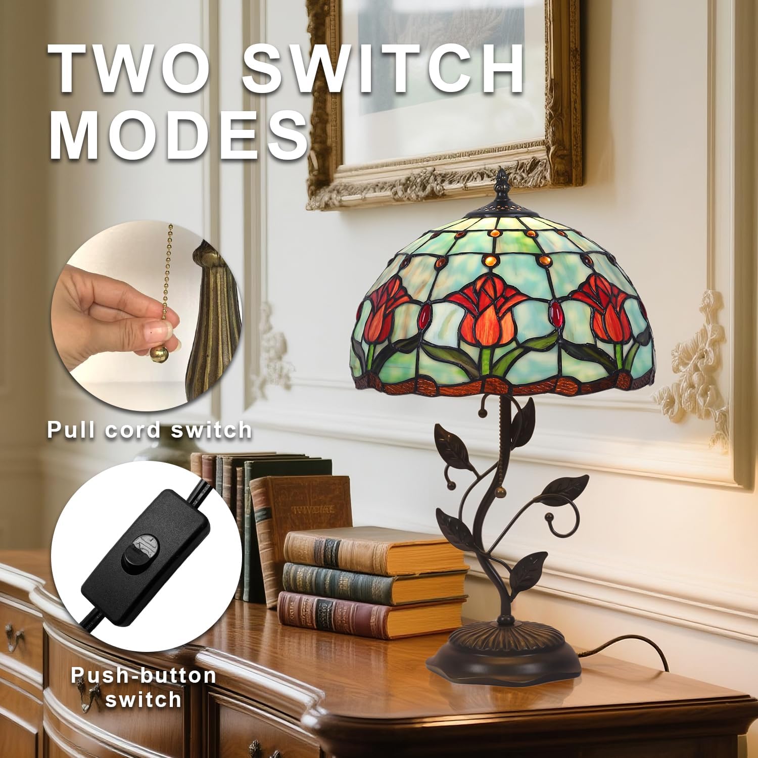 Tiffany Table Lamp,Tulip Table Lamp,12X12X19 Inch Tiffany Style Stained Glass Light,with Metal Leaf Base Decor Style Lamp.