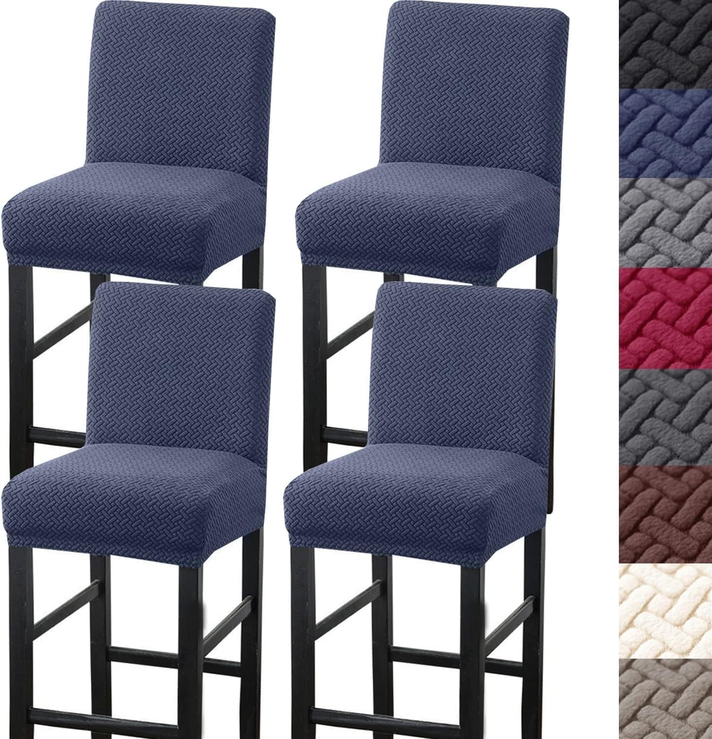 Bar Stool Covers,4 Pack Stretch Bar Stool Covers with Backs Jacquard Bar Stool Chair Covers with Elastic Bands Navy Blue