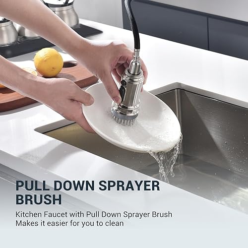 Miniatura 5 de APPASO Grifo de cocina con dispensador de jabón  Grifo de fregadero de cocina con rociador desplegable de una sola manija, níquel cepillado, grifos