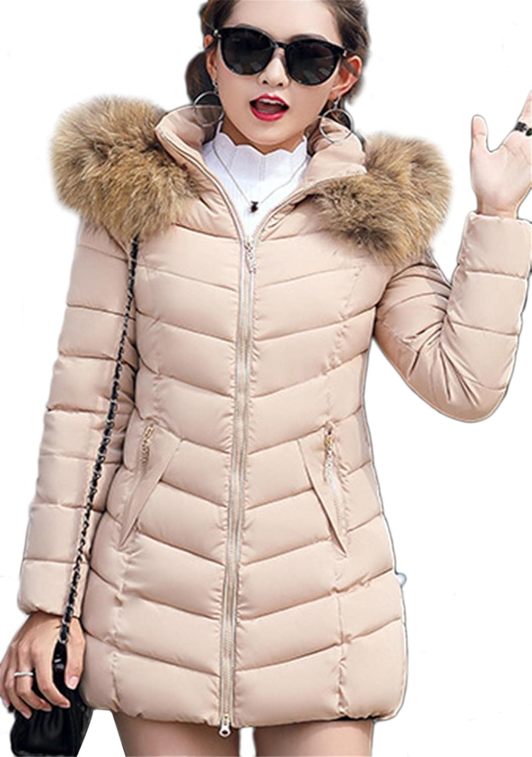 OMZIN Women's Full Zipper Warm Down Jackets Baggy Mid-length Jackets Lightweight Solid Color Tops with Fur Hood