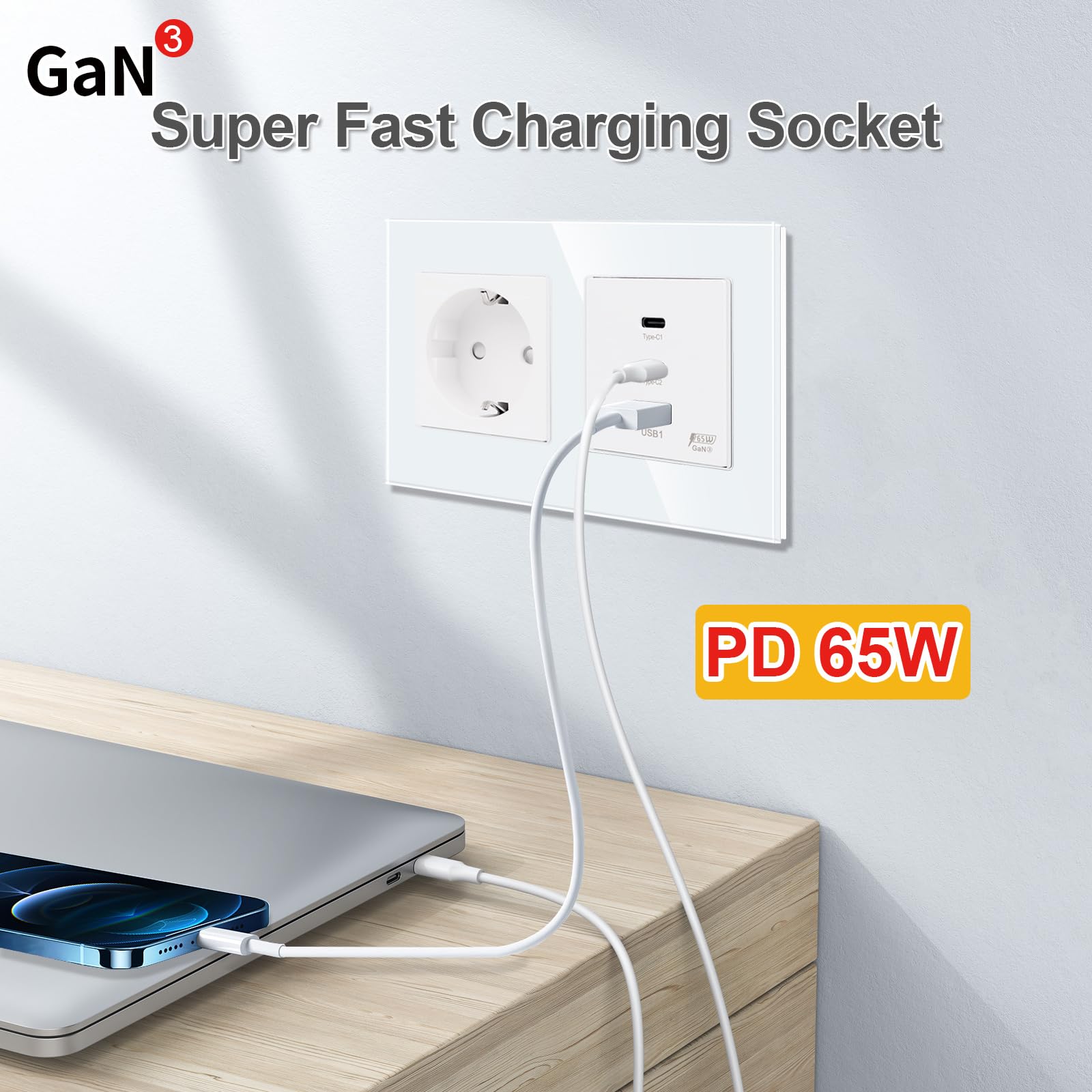 JIMEIDA Prise Schuko en verre avec USB C 65 W Charge rapide, blanc, prises Schuko avec 1 port USB-A, 2 ports de type C, encastrées 157 mm, 16 A, 250 V