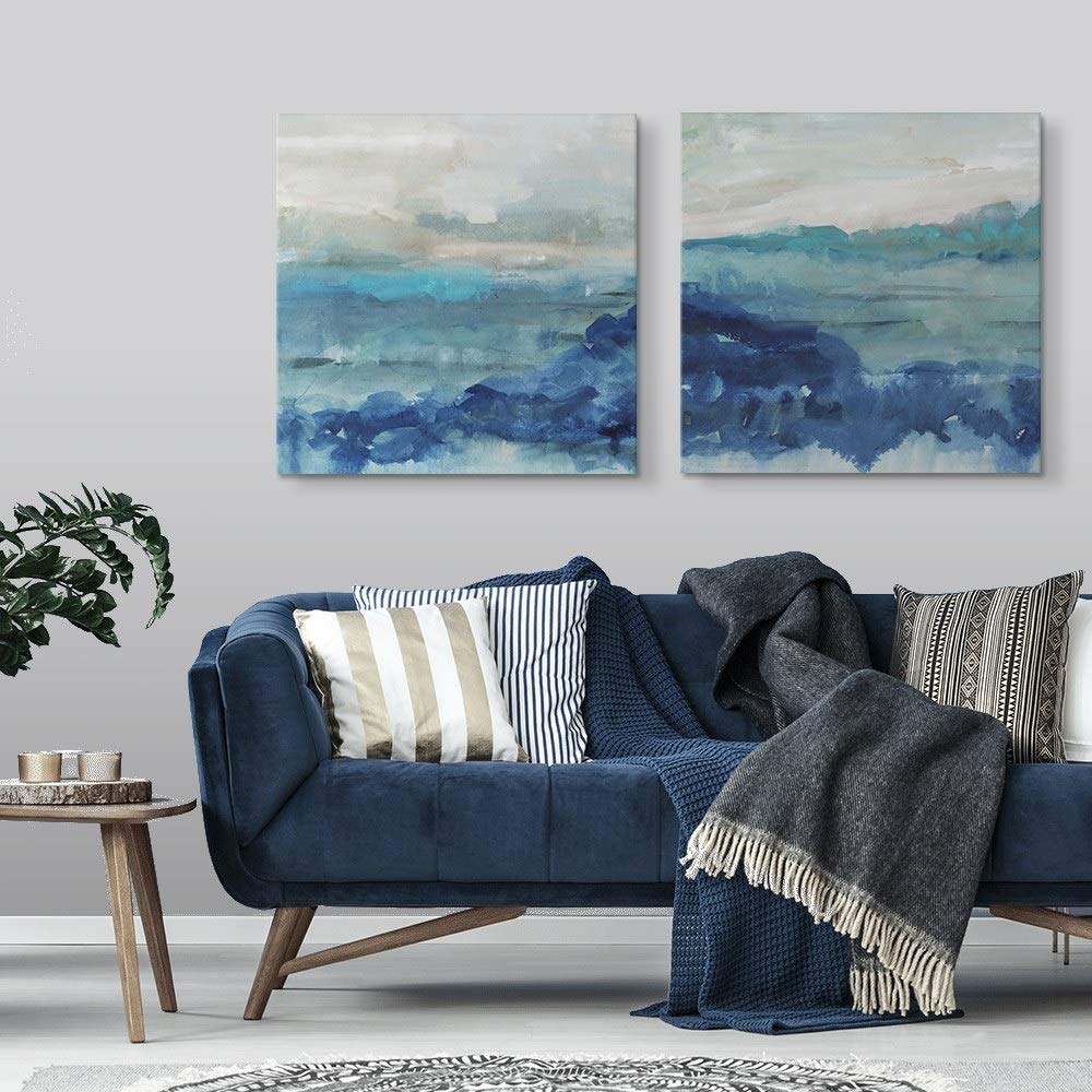 CANVAS ON DEMAND 2-Piece Sea Swell Canvas Wall Art Print Set, Blue and Aqua Abstract Beach Paintings, Coastal Home Decor