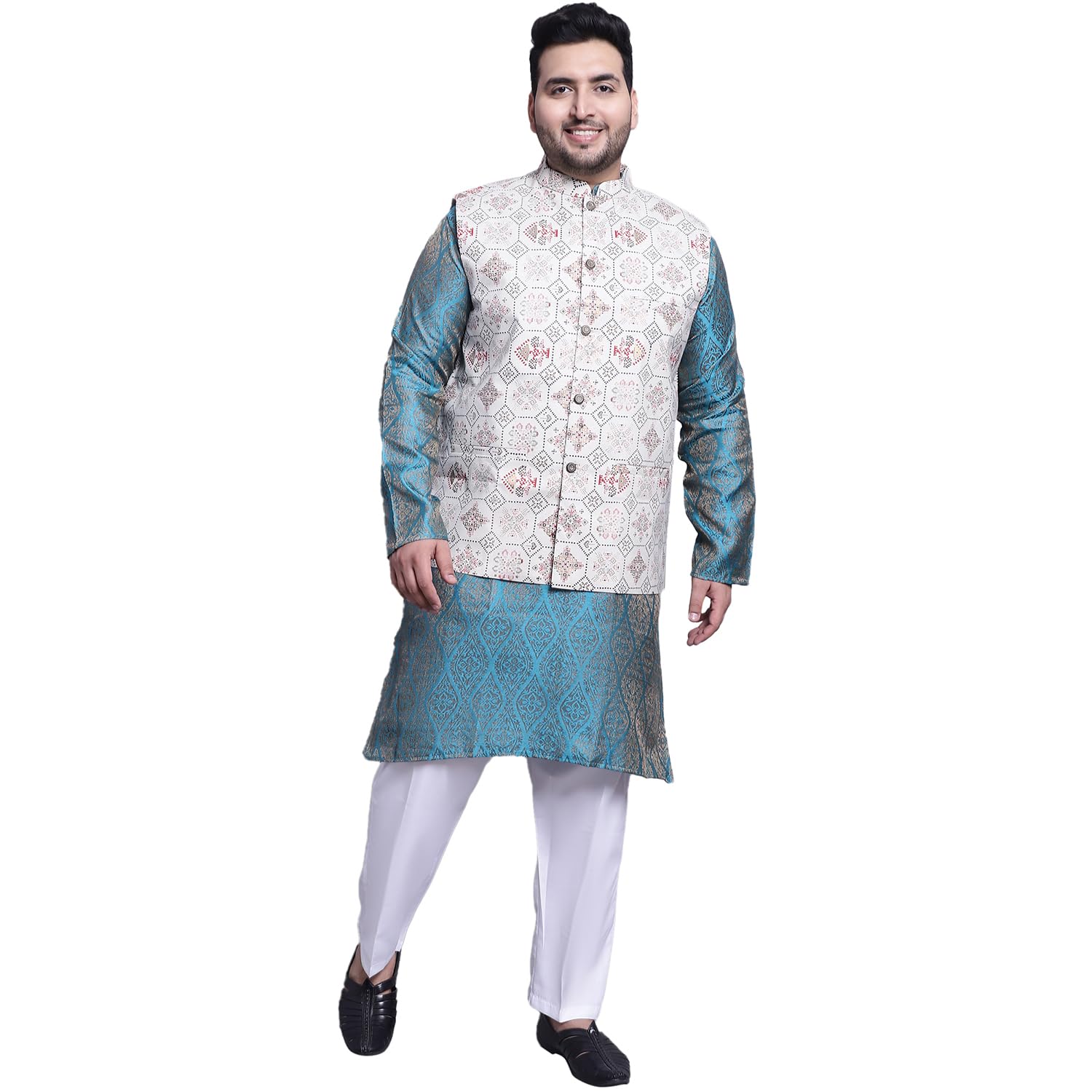 (Since 1958 Men's Silk Blend Teal Blue Kurta & Cream Printed Nehrujacket with White Pyjama Set-image-46