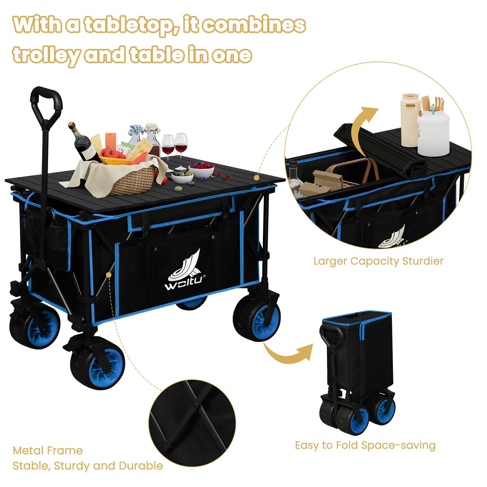 WOLTU Chariot de Jardin à roulettes, Chariot Pliable avec Plateau Amovible, Capacité 120kg, en Tissu Oxford+Acier, Noir+Blue