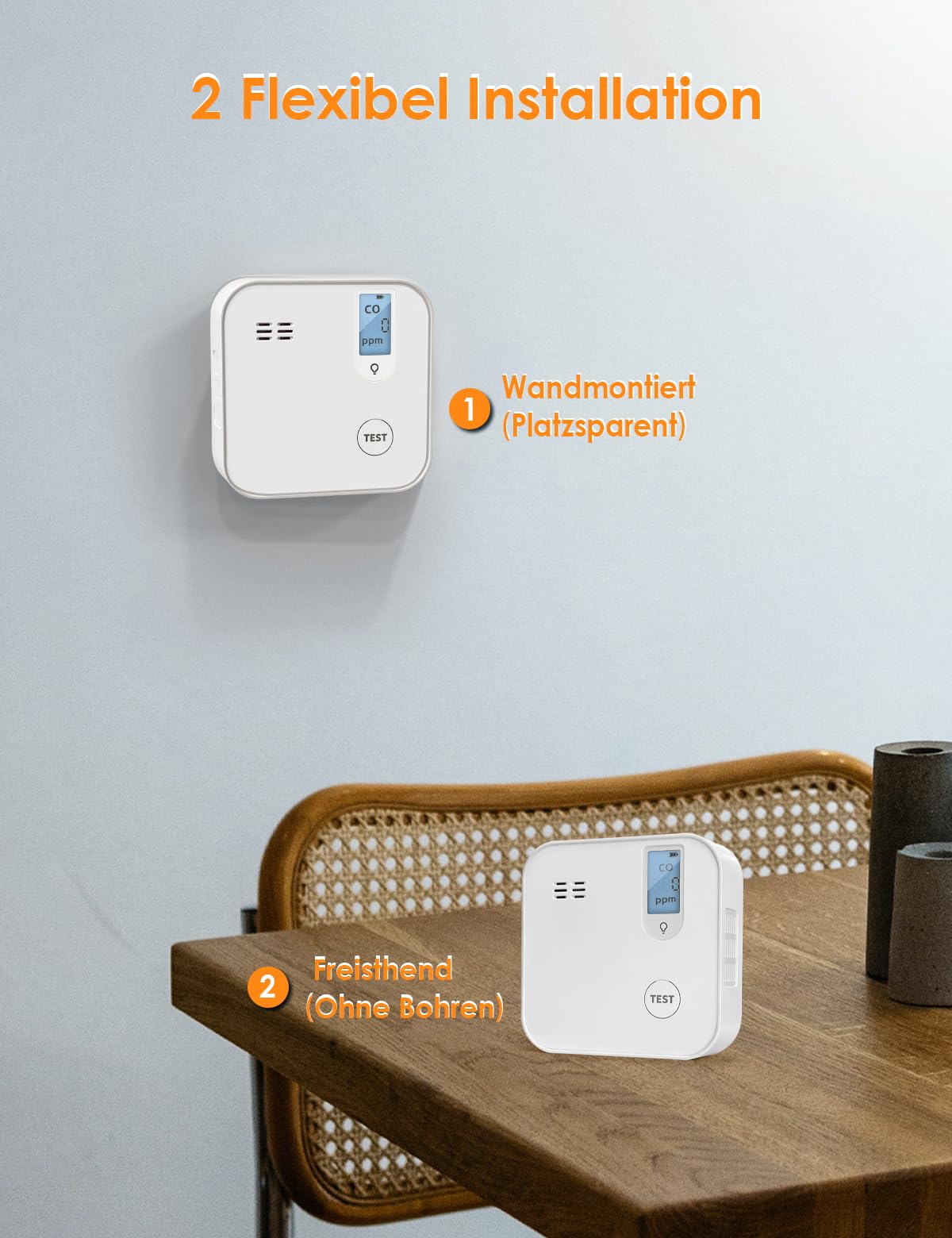Kohlenmonoxid Melder 10-Jahres-Sensor Leben mit 10-Jahres-Batterie und LCD-Display Reise tragbare CO Melder(Klein Stand Alone Gerät)