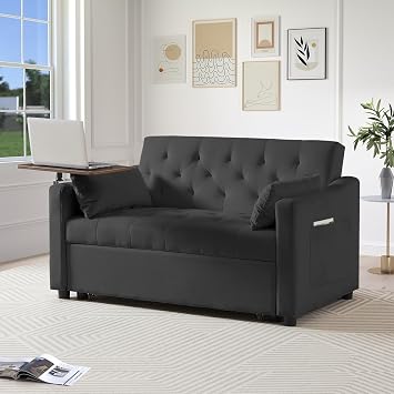 Yafylly 3-in-1 Convertible Loveseat Sleeper Sofa Bed - Adjustable Backrest 3 Positions with 360 Swivel Side Table, Space Saving Pull Out Couch for Small Apartments & Guest Rooms, Black