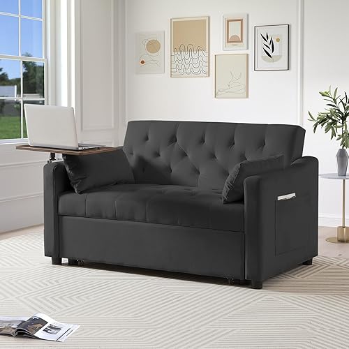 3-in-1 Convertible Loveseat Sleeper Sofa Bed with Adjustable Backrest (3 Positions) and 360° Swivel Side Table, Pull-Out Couch for Small Apartments & Guest Rooms, Black