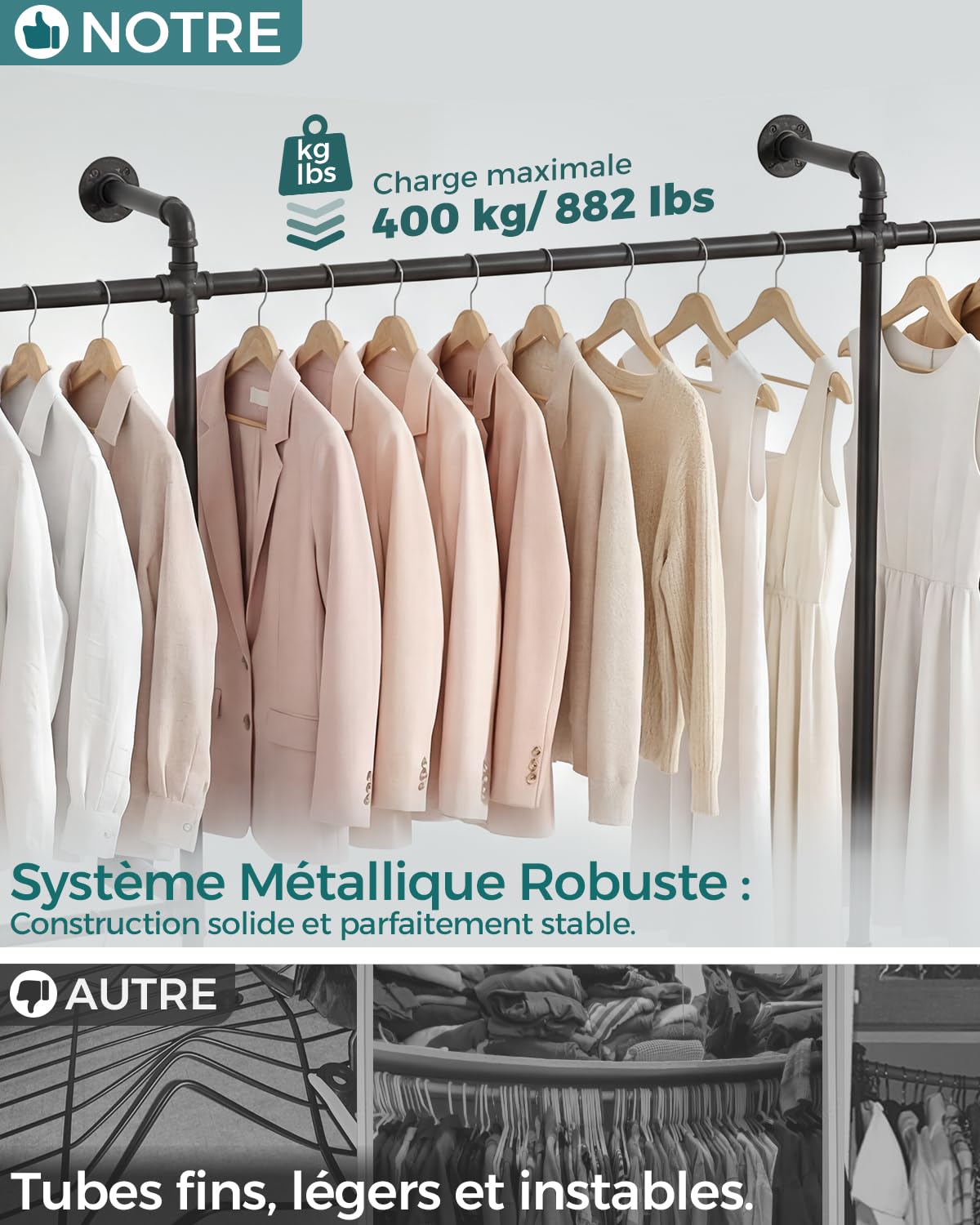 Kit de système de rangement mural industriel pour vêtements, montage mural, système d'armoire ouverte, barre télescopique avec étagères en bois, résistante en métal pour dressing, couleur noir