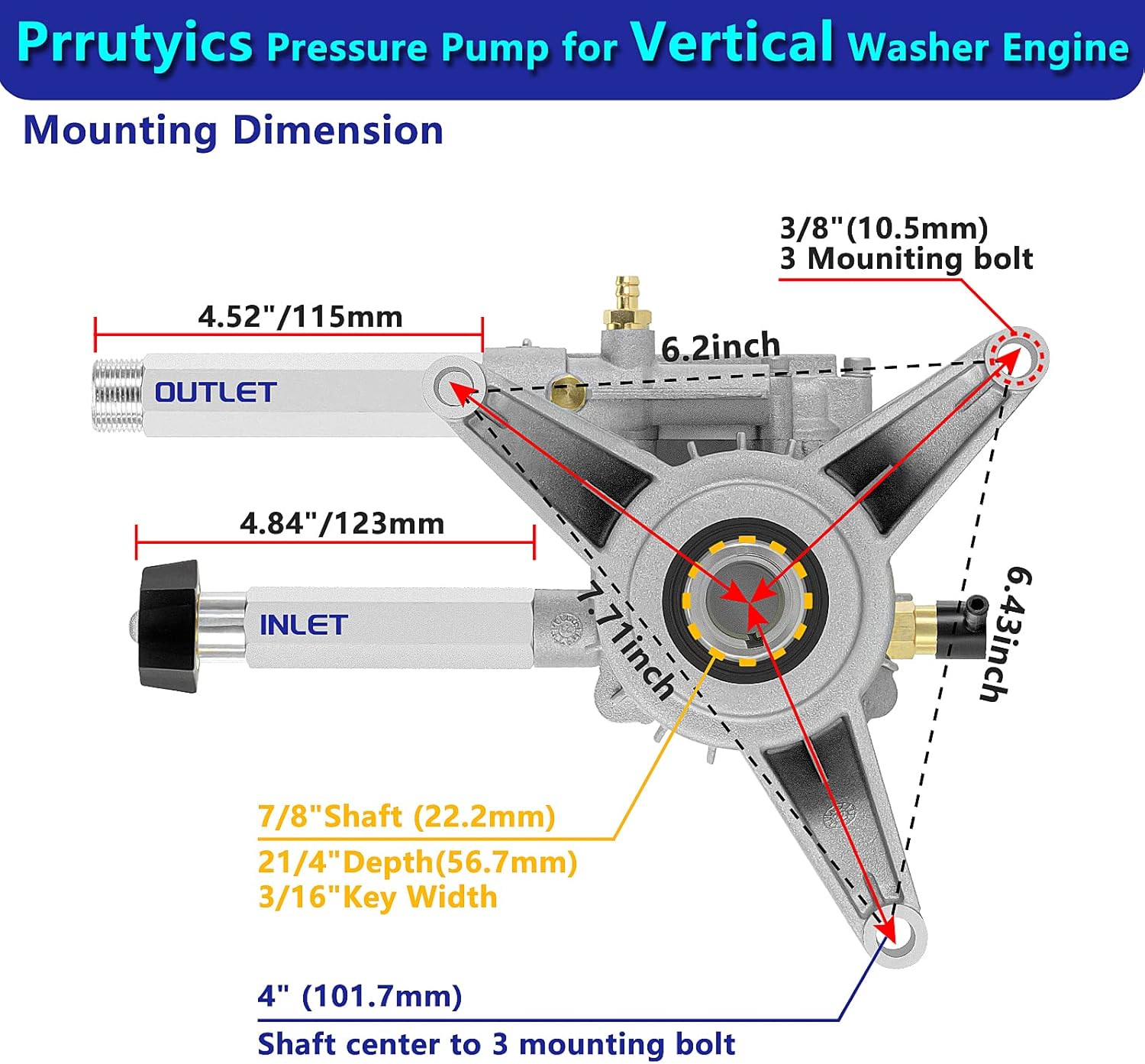 Pressure Washer Pump 7/8" Shaft Vertical, 3000 PSI, 2.4 GPM Power Washer Pump Replacement, Fits Troy Bilt Srmw22g26-EZ Craftsman,Front Facing Inlet Outlet…