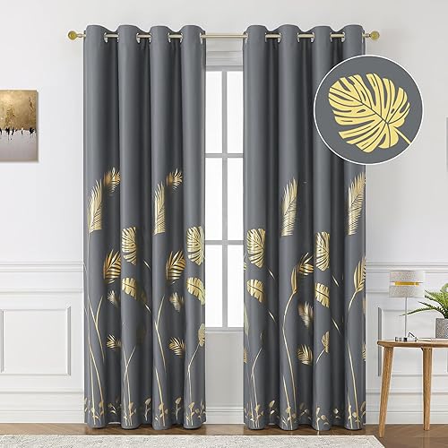 Miniatura 27 de BUHUA Cortinas de bloqueo de calor, cortinas opacas de 45 pulgadas de largo, 2 paneles burg, cortinas insonorizadas con estampado de hojas doradas