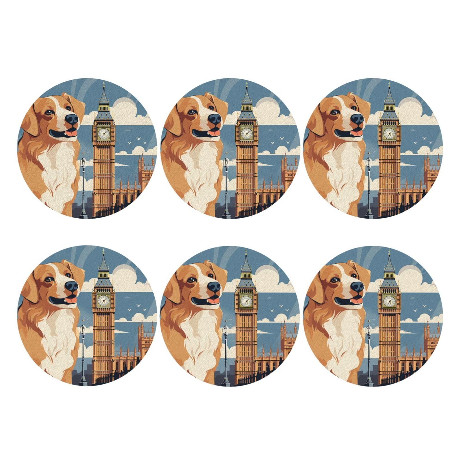 6pcs Leather Coasters for Drinks, Cute Dog Sitting Drink Coasters for Tabletop Protection, 4" Cup Coasters for Coffee Table Decor, Non-Slip Drinking Cup Mat for Hot Or Cold Drink