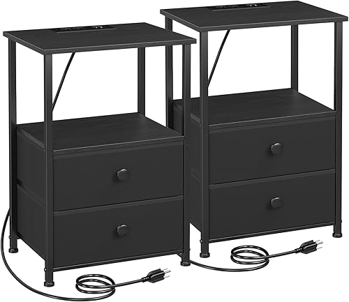 Miniatura 10 de Juego de 2 mesitas de noche LED con estación de carga, mesas auxiliares pequeñas para espacios pequeños, mesita de noche delgada con 2 cajones de