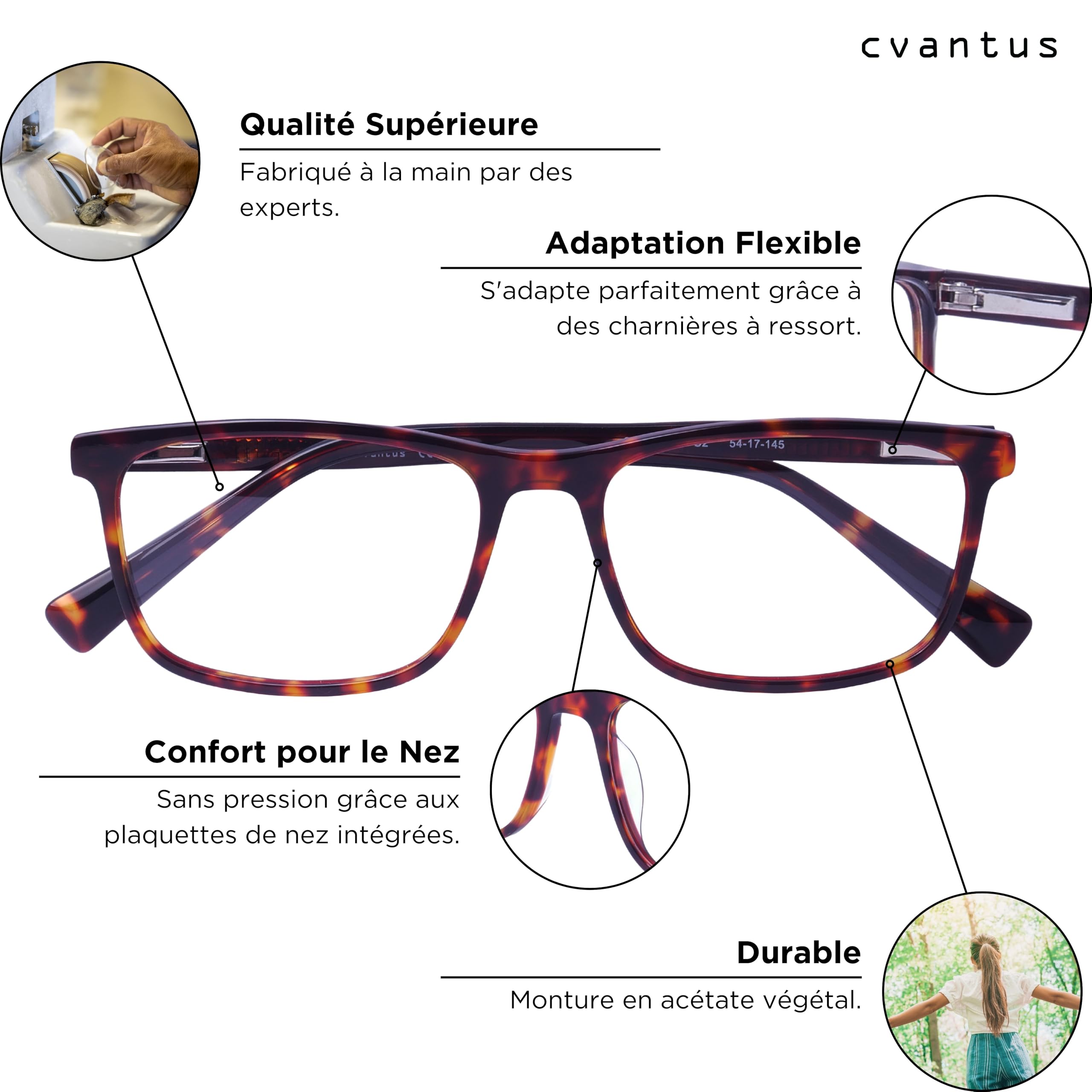 Cvantus Lunettes ordinateur Premium | Anti-lumière bleue & UV, Anti-reflets, Antistatique | Qualité Ordonnance - Faites par opticiens | Lunette anti lumiere bleue femme & homme carrées tortoiseshell