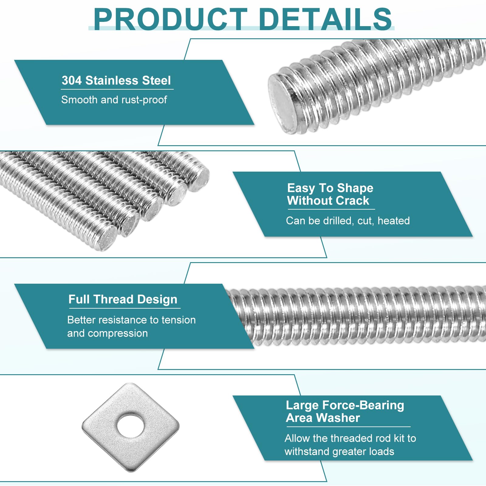 QUARKZMAN Tige Filetée Complète M10x500mm, Tiges Filetées Complète Filetage à Droite en Acier Inoxydable 304 avec Écrous et Rondelle Plate pour Serre-Joints Crochets U-Boulons, Argenté